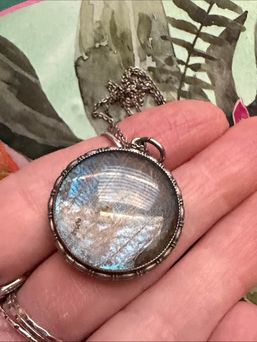 Antique Sterling Silver Morpho Butterfly Wing Round Pendant Necklace - Picture 9 of 10